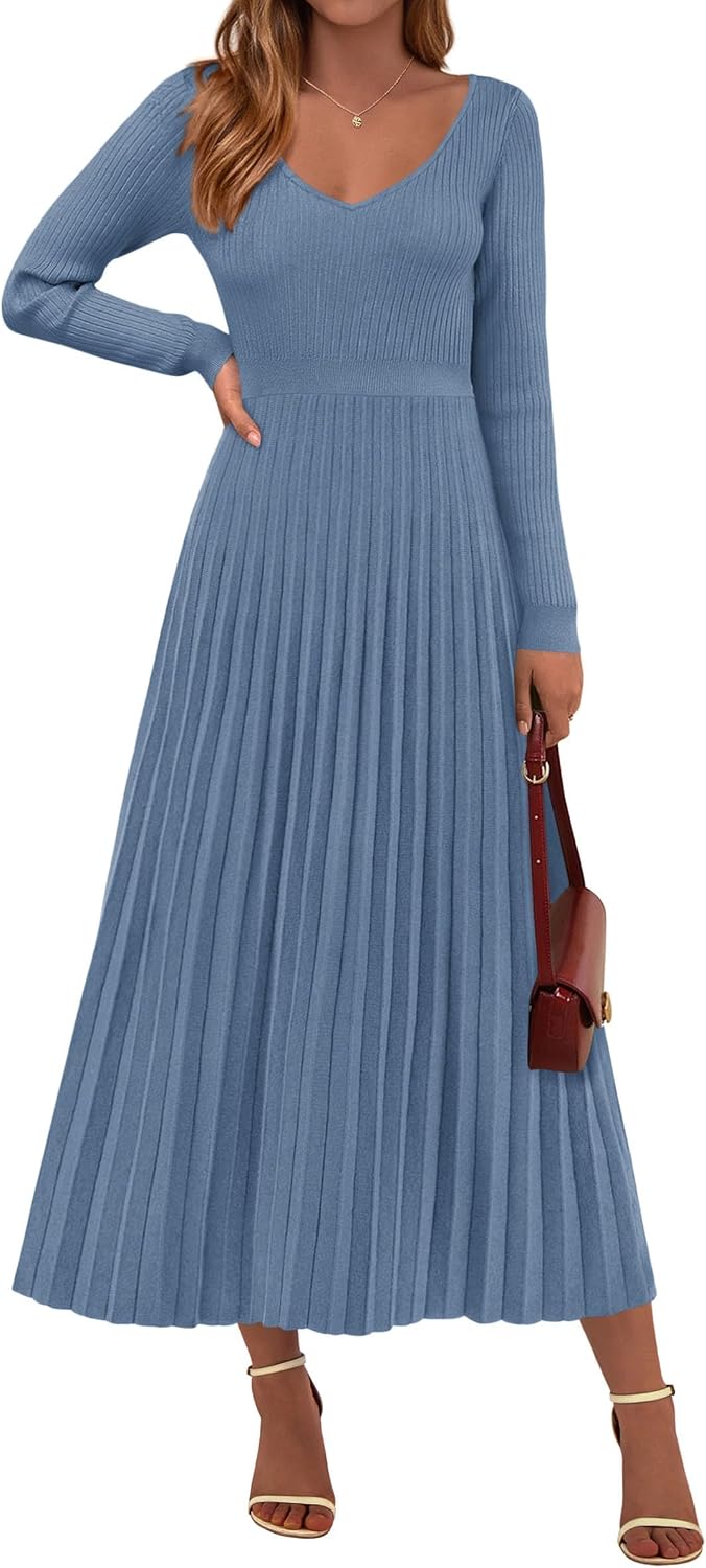 Detalle de PRETTYGARDEN Women's Long Sleeve Maxi Pleated Sweater Dress, Ribbed Knit
