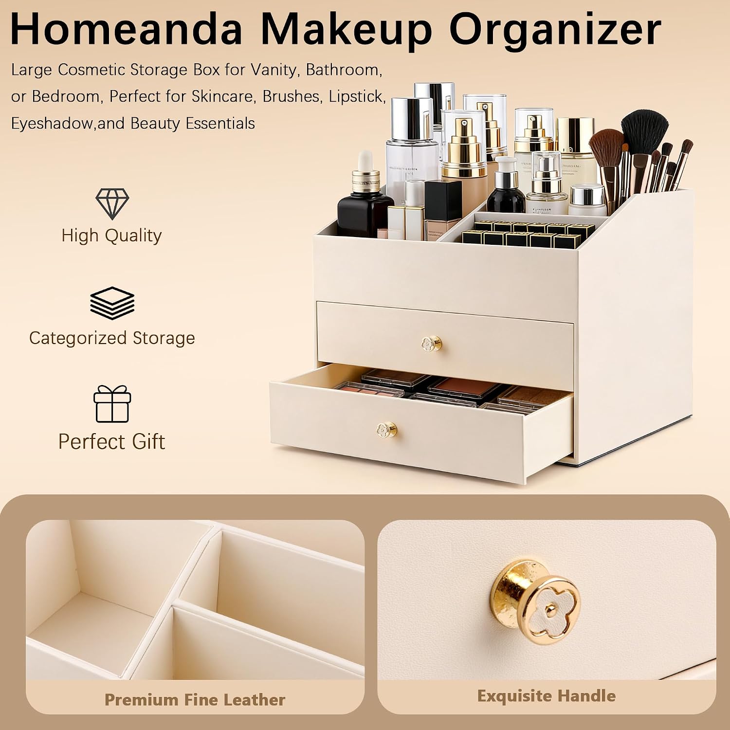 Thumbnail 4 de Homeanda Faux Leather Makeup Organiser with 2 Drawers (Beige, 25x18x21.5cm)