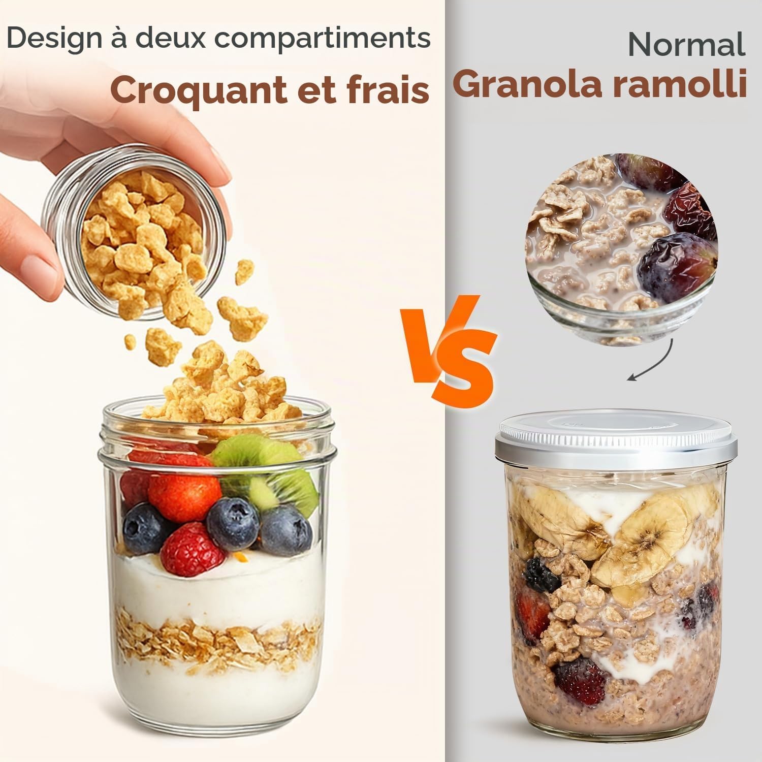 Detalle 2 de ComSaf Overnight Oats Gläser/480+120ml/2pcs yoghurtpotten van glas, set van 2