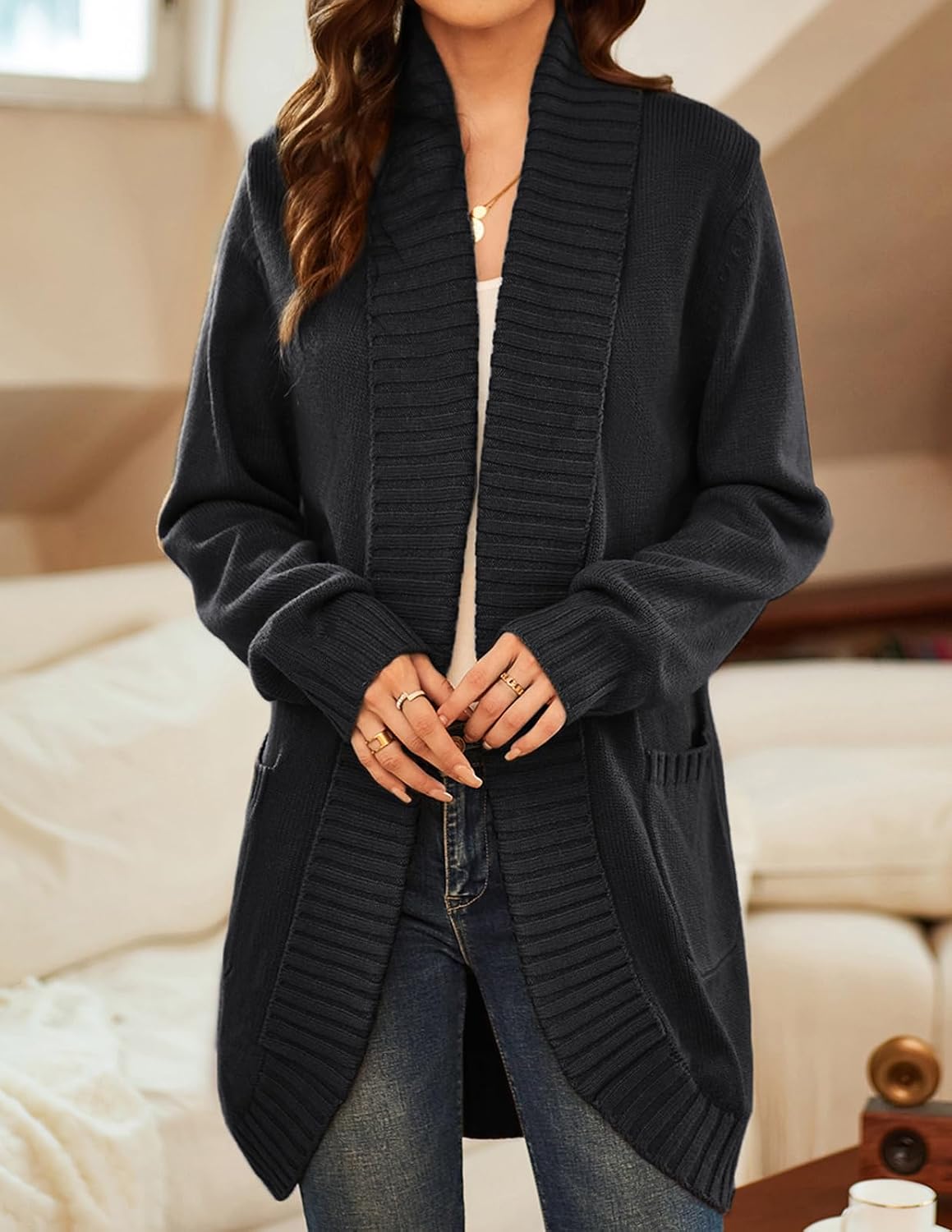 Detalle de GRACE KARIN Long Sleeve Knit Cardigan with Curved Hem and Two Pockets