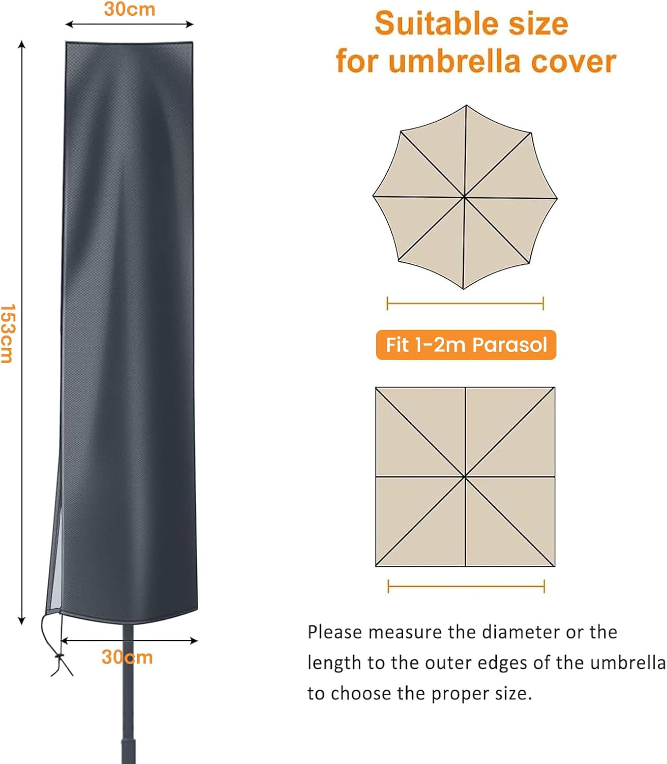 Detalle 2 de OKPOW Parasol Cover (600D) for 2m diameter garden parasols, waterproof, anti-UV, windproof with zip