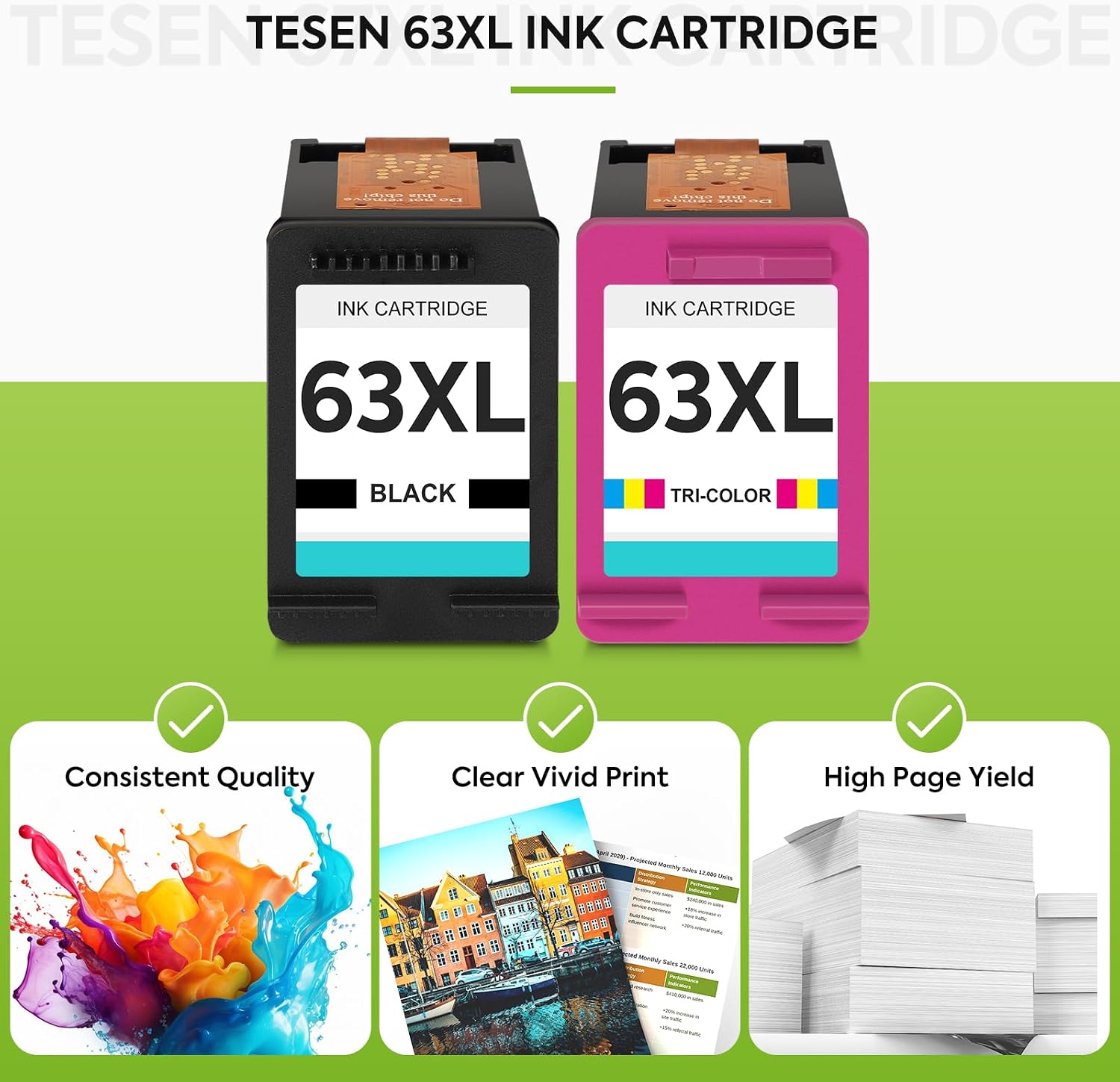 Thumbnail 4 de TESEN 63XL Ink Cartridge 2-Pack, Black and Tri-Color, High Yield