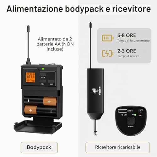Thumbnail 6 de TONOR Wireless UHF Microfono con trasmettitore bodypack, lavalier e archetto: distanza fino a 60 m