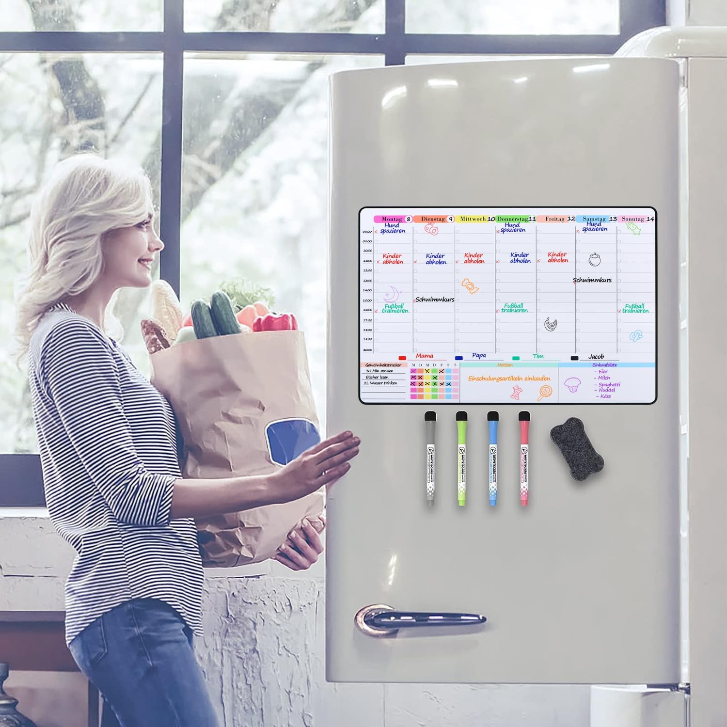 Detalle de POPRUN magnetischer Whiteboard-Wochenplaner 42 x 28 cm mit Magneten, abwischbar