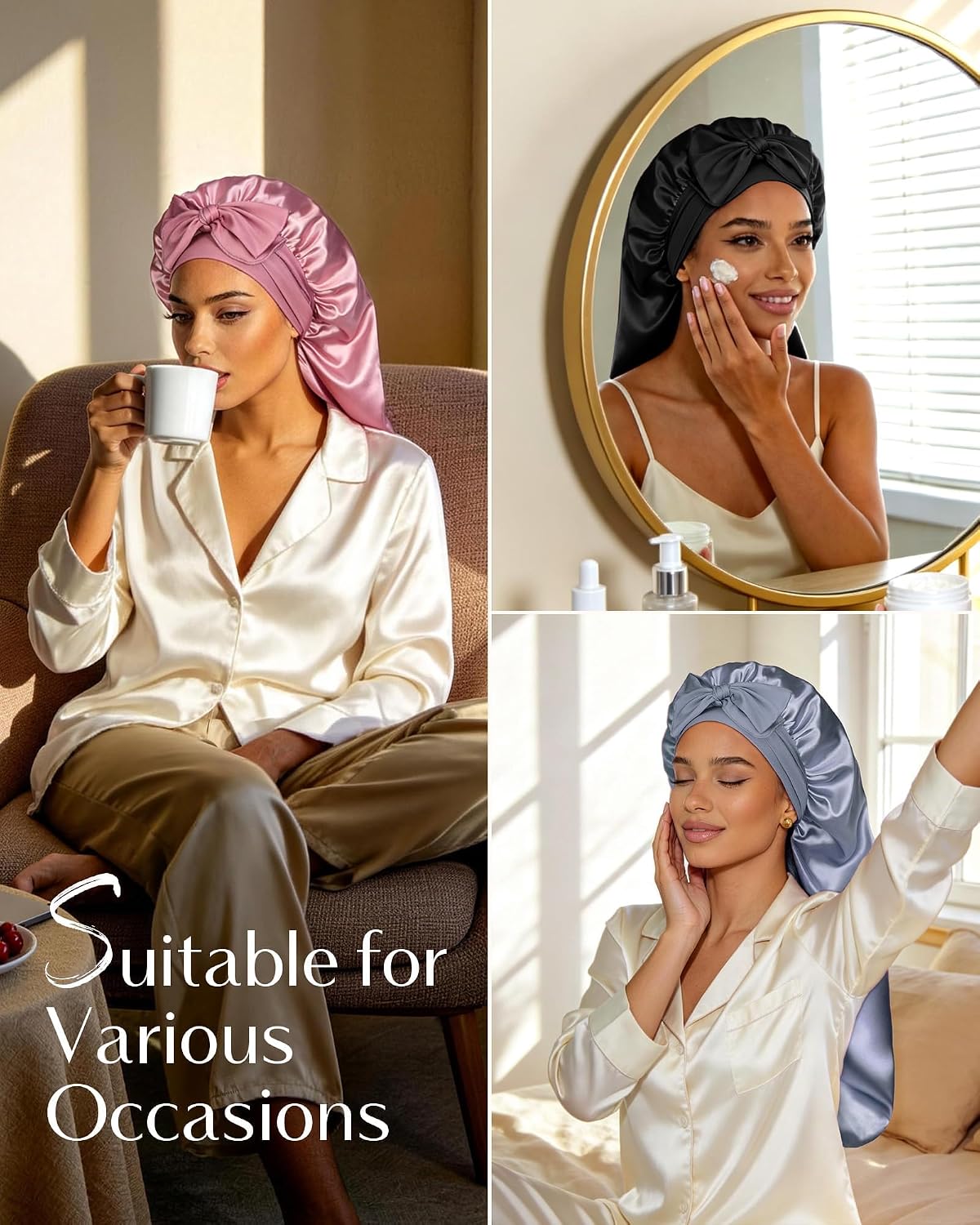 Detalle de YANIBEST Double Layer Extra Long Satin Sleep Bonnet with Adjustable Tie Band