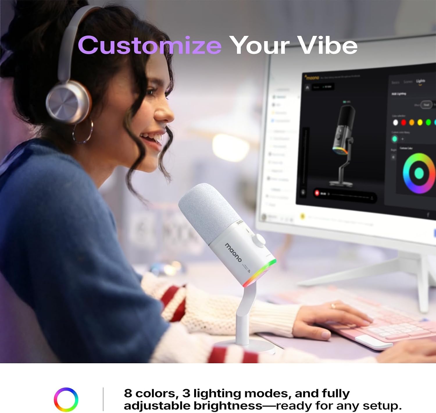 Detalle de MAONO PD100W Wireless Dynamic Microphone with USB, RGB and Noise Reduction