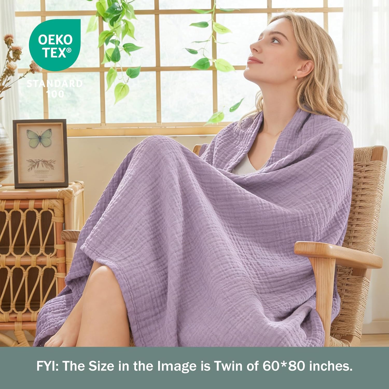 Thumbnail 1 de EMME Cotton Throw Blanket: 100% Muslin Cotton, Breathable and Lightweight (Lavender, 127 x 177cm)