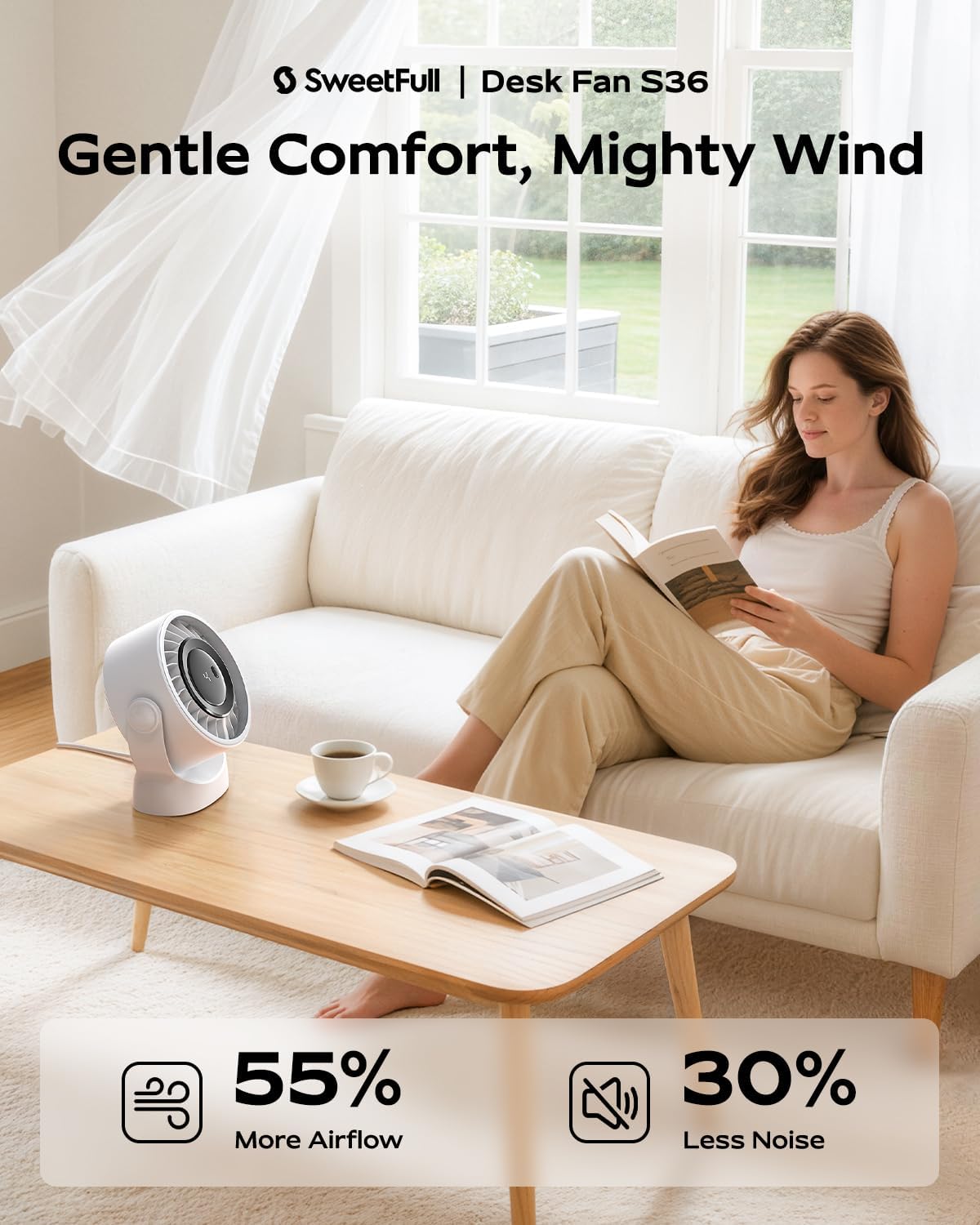 Detalle de SWEETFULL USB Desk Fan: 4-Speed Portable Personal Cooler with 360° Rotatable Head