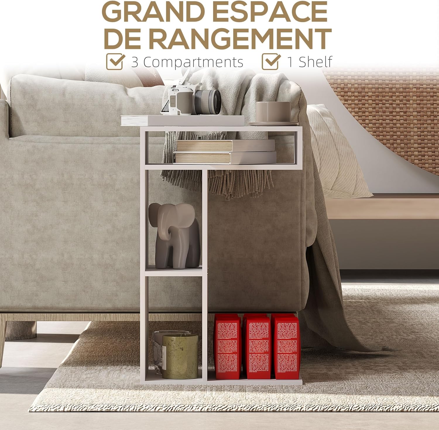 Thumbnail 5 de HOMCOM table d’appoint en forme de C avec roulettes, 3 compartiments et 1 étagère ouverte, 40 x 30 x 69 cm (blanc)