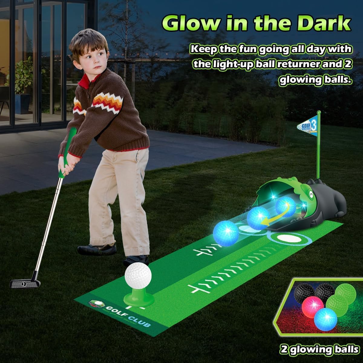 Thumbnail 2 de TERRAMUS Upgraded Kids Toy Golf Set with Dinosaur Automatic Ball Returner (3 clubs, LED balls, putting mat)
