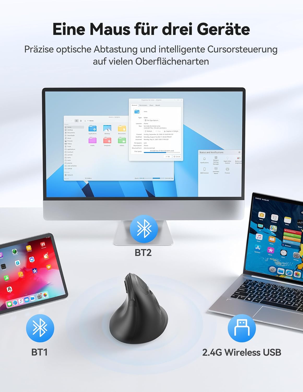 Detalle 2 de TECKNET Ergonomische vertikale Maus Bluetooth – kompakte Lösung für Rechtsanwender mit bis zu 4800 DPI