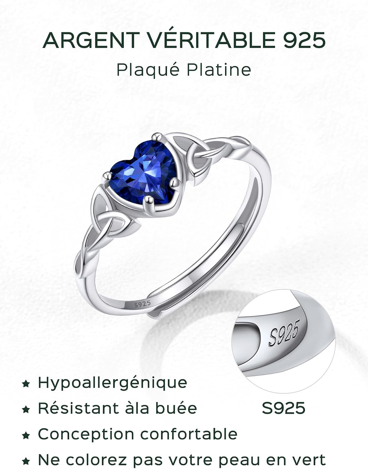 Detalle de ChicSilver Bague femme argent 925 réglable avec pierre cœur, ouverte (taille 51,5 à 66,5)