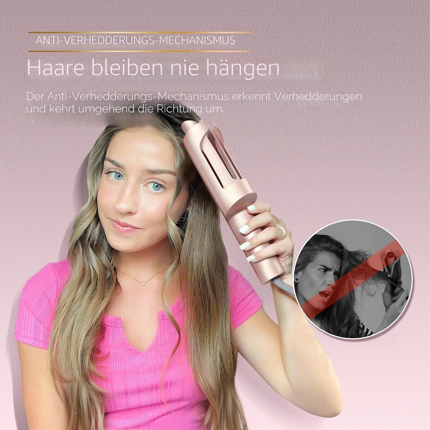 Detalle 2 de TYMO Curlpro Plus Automatischer Lockenstab: Große Locken (25 mm) für langes Haar mit Anti-Verbrühung, Goldrosa