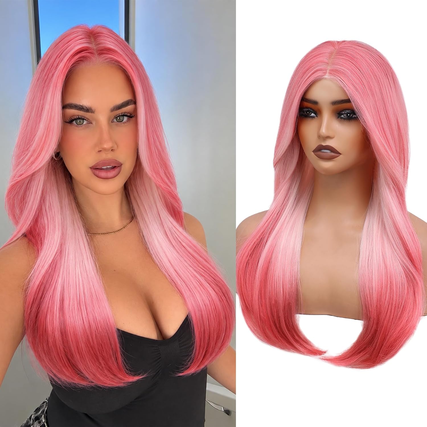 Detalle de WECAN 24-Inch Pink Ombre Layered Wig with 4x4 Free-Part Lace