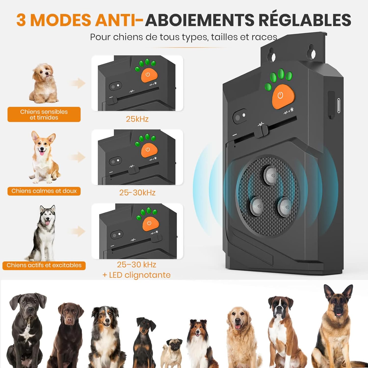Detalle de Honey Paws Anti Aboiement Chien Ultrason Puissant – 3 Modes, IP56, Portée 15 m