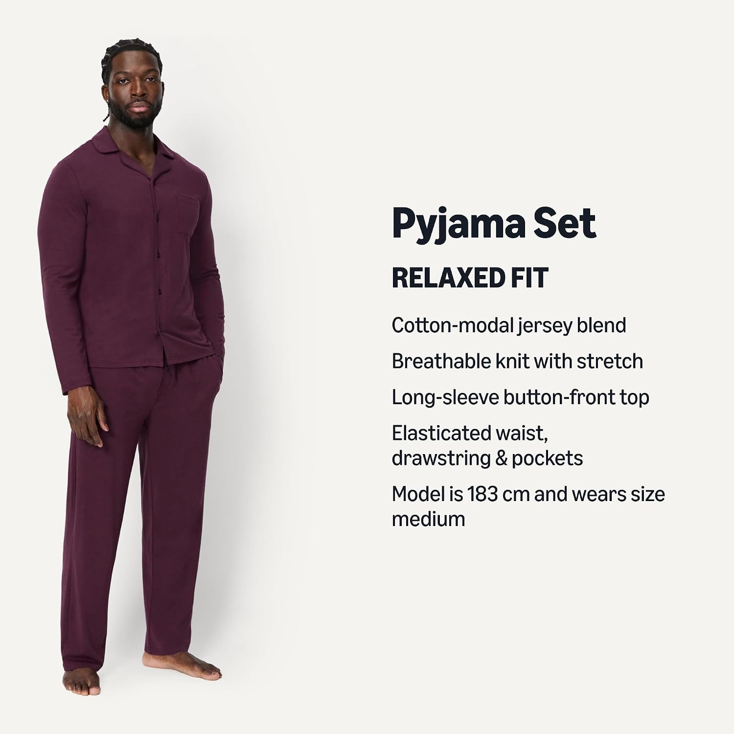 Detalle de Amazon Essentials Men's Cotton-Modal Pyjama Set, Long Sleeve Shirt and Trousers