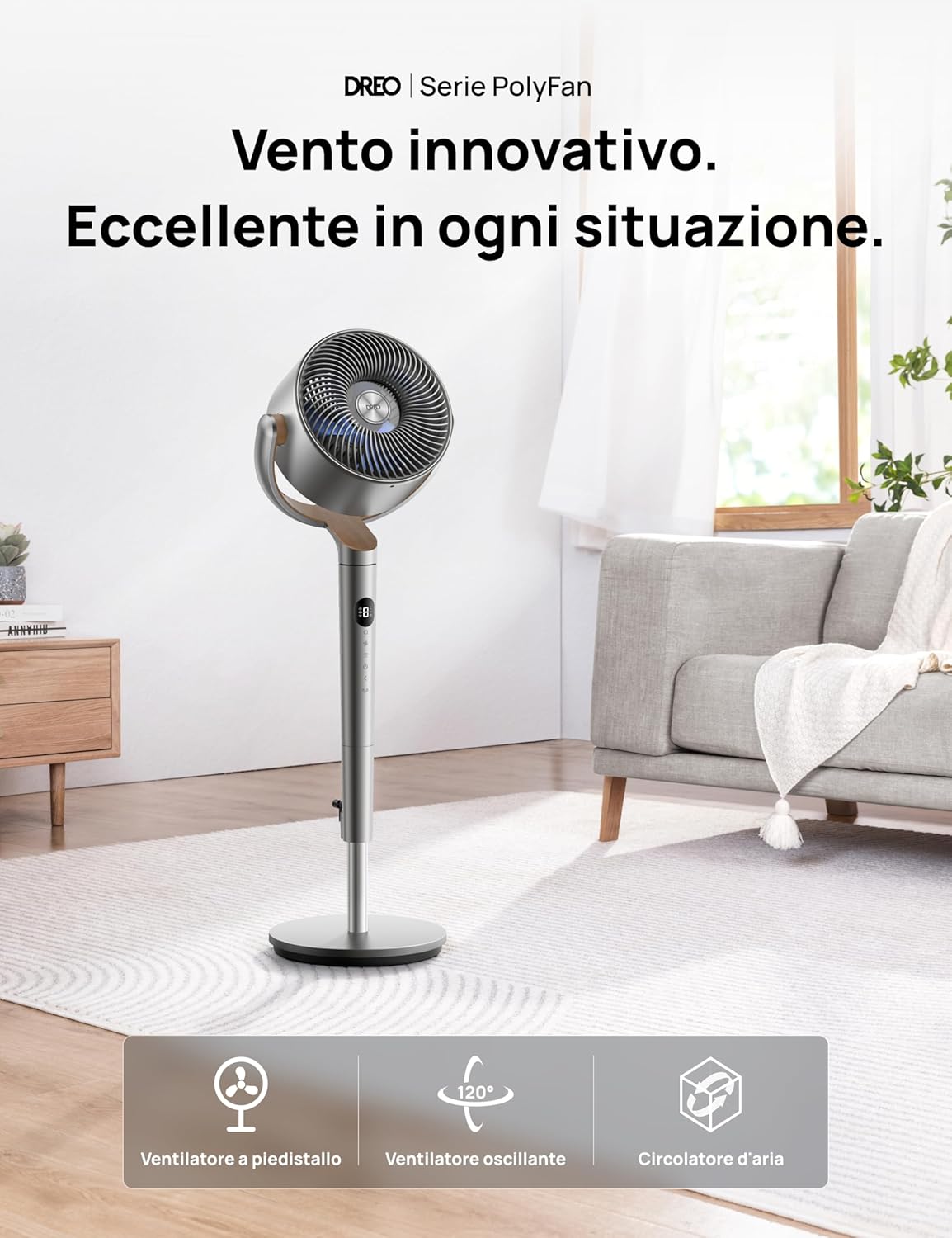 Detalle de DREO 23dB Ventilatore a Piantana: silenzioso, oscillante 120°+120° e potenza da aria in movimento