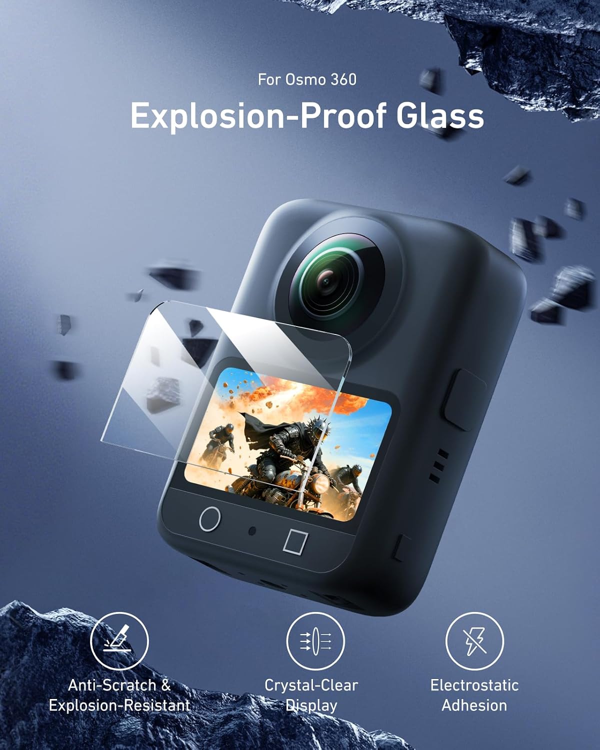 Detalle 2 de TELESIN Displayschutzfolie aus gehärtetem Glas für DJI Osmo 360 (9H, 2,5D, statisch, 99% Transparenz)