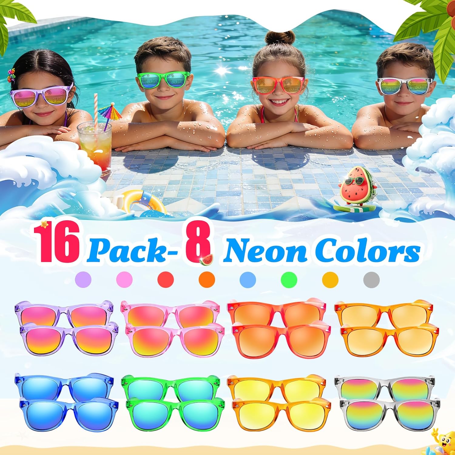 Thumbnail 1 de Nylytek 16-Pack Kids Sunglasses for Party Favors (UV400, Polarized) — Neon & Classic Colors, Ages 3–8