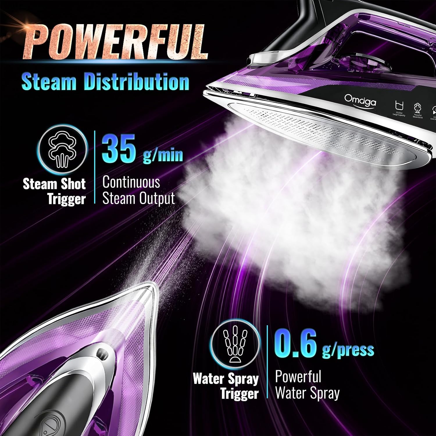 Detalle de OMAIGA 1750W Steam Iron with Dual-Ceramic Soleplate, Steam Burst and 13.5 fl oz Tank