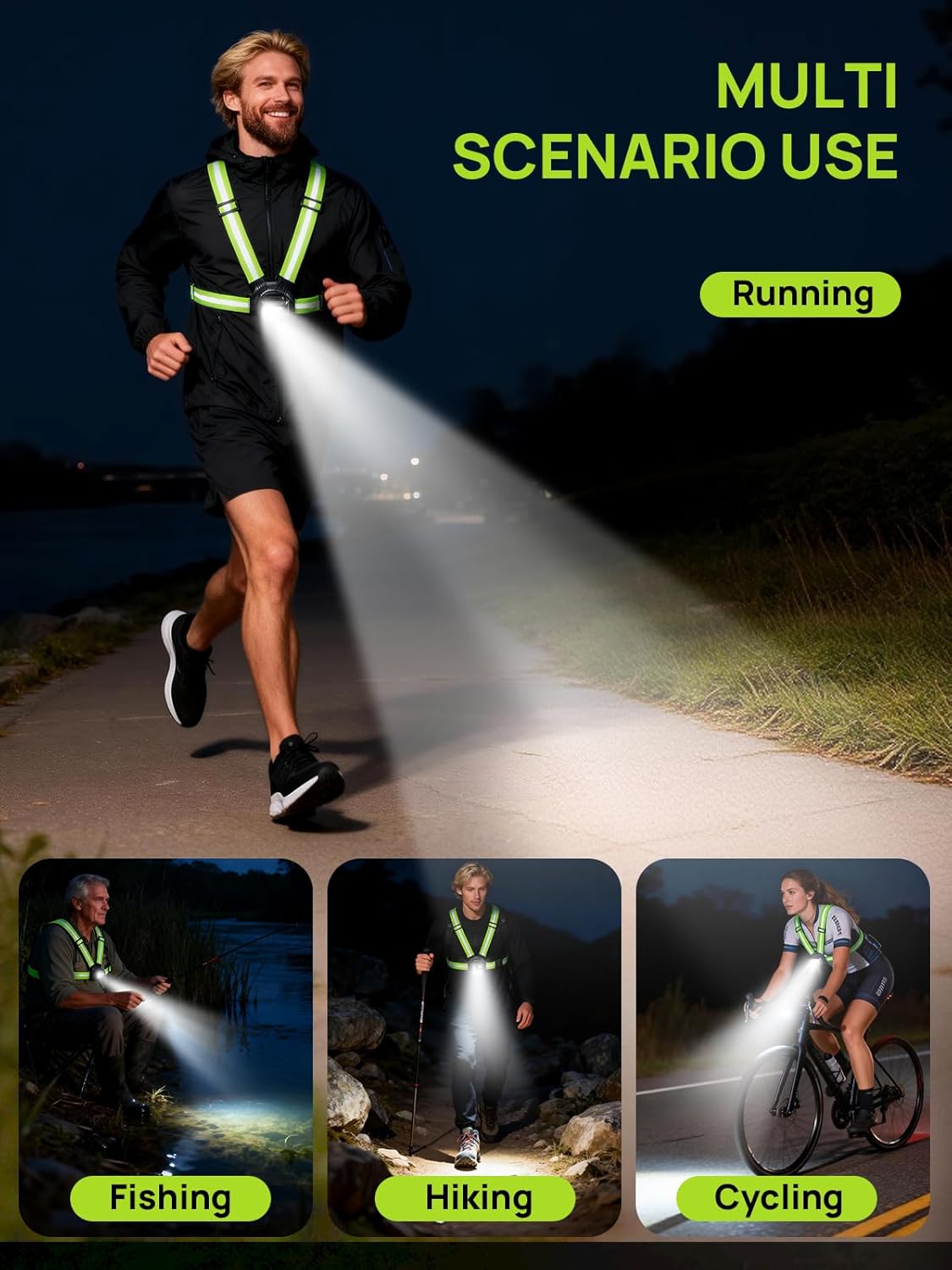 Detalle 2 de ACSO Running Lights for Runners (500-lumen) with 360° reflective vest, adjustable 45° light and USB-C charging