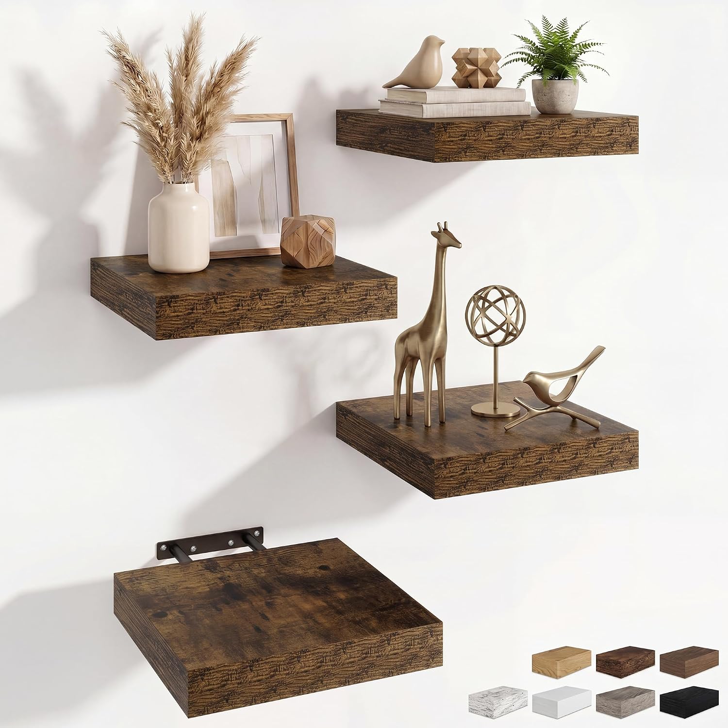 RICHFOCUS 8 Inch Floating Shelves Set of 4: Rustic Wall Shelves with Invisible Brackets