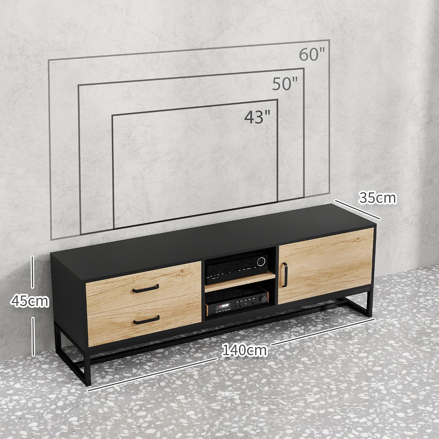 Thumbnail 6 de HOMCOM Meuble TV Bois Naturel pour écran jusqu’à 60 pouces – rangement polyvalent et étagère ajustable
