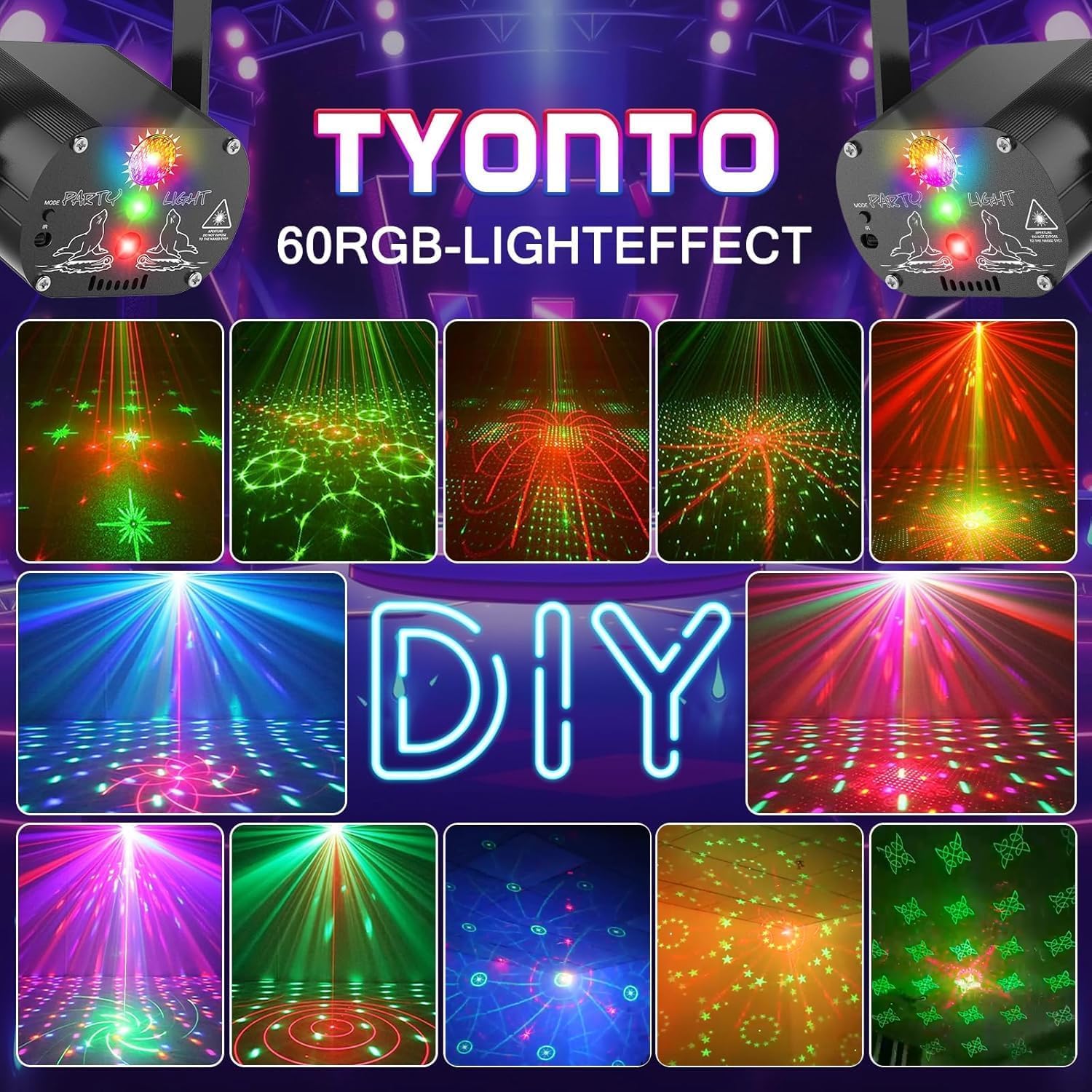 Detalle de Lampe de Scène Tyonto 60 effets lumineux LED disco avec télécommande et stroboscope
