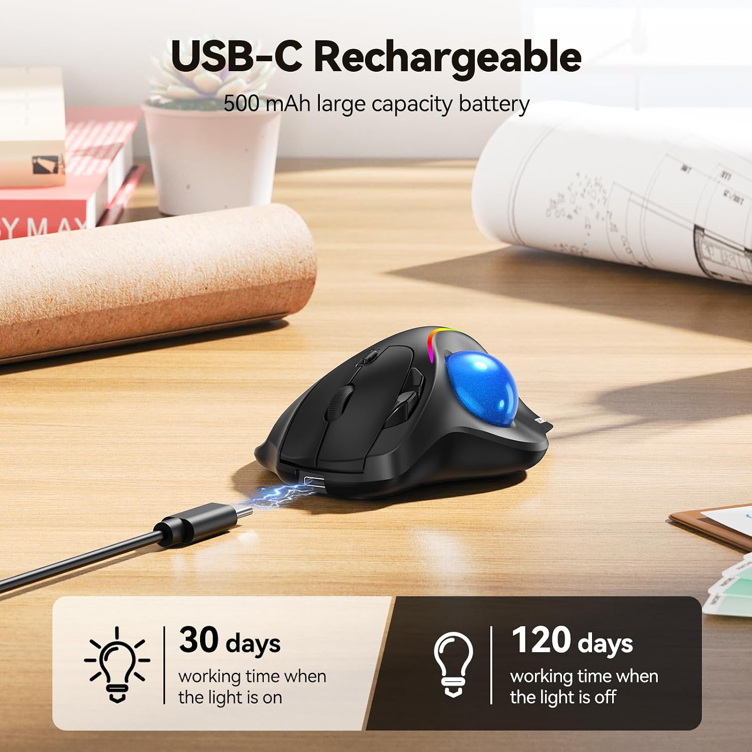 Detalle 1 de TECKNET TK-MS023 Wireless Trackball Mouse with USB-C and 3-Device Connectivity