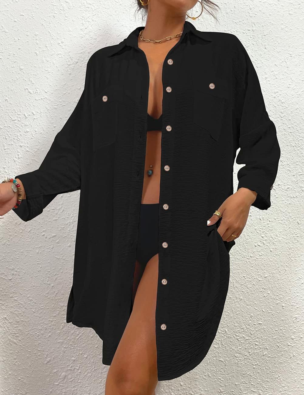 Thumbnail 3 de Bsubseach Women’s Modern Swimsuit Cover-Up Button-Down Blouse Dress Top
