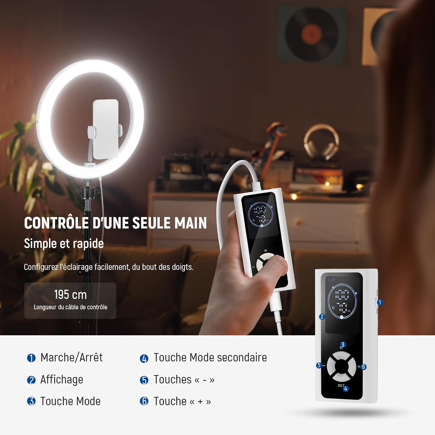 Detalle 2 de NEEWER RH12B Pro Anneau lumineux LED 30W—180 cm de trépied et fixation mobile pour YouTube, maquillage et vlog