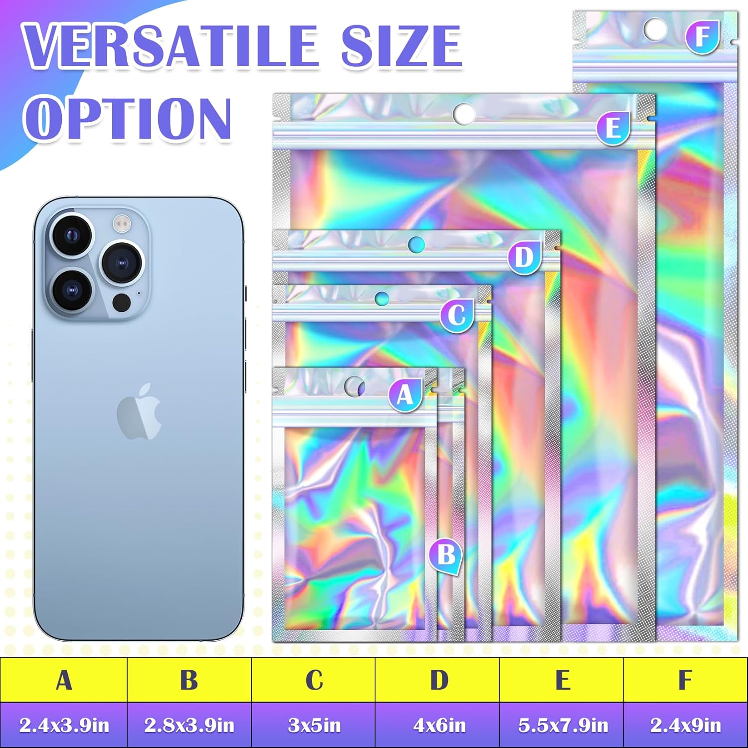Detalle de JETMORE 100 Pcs Holographic Mylar Bags (3x5in) – Resealable, Windowed, Smell-Proof