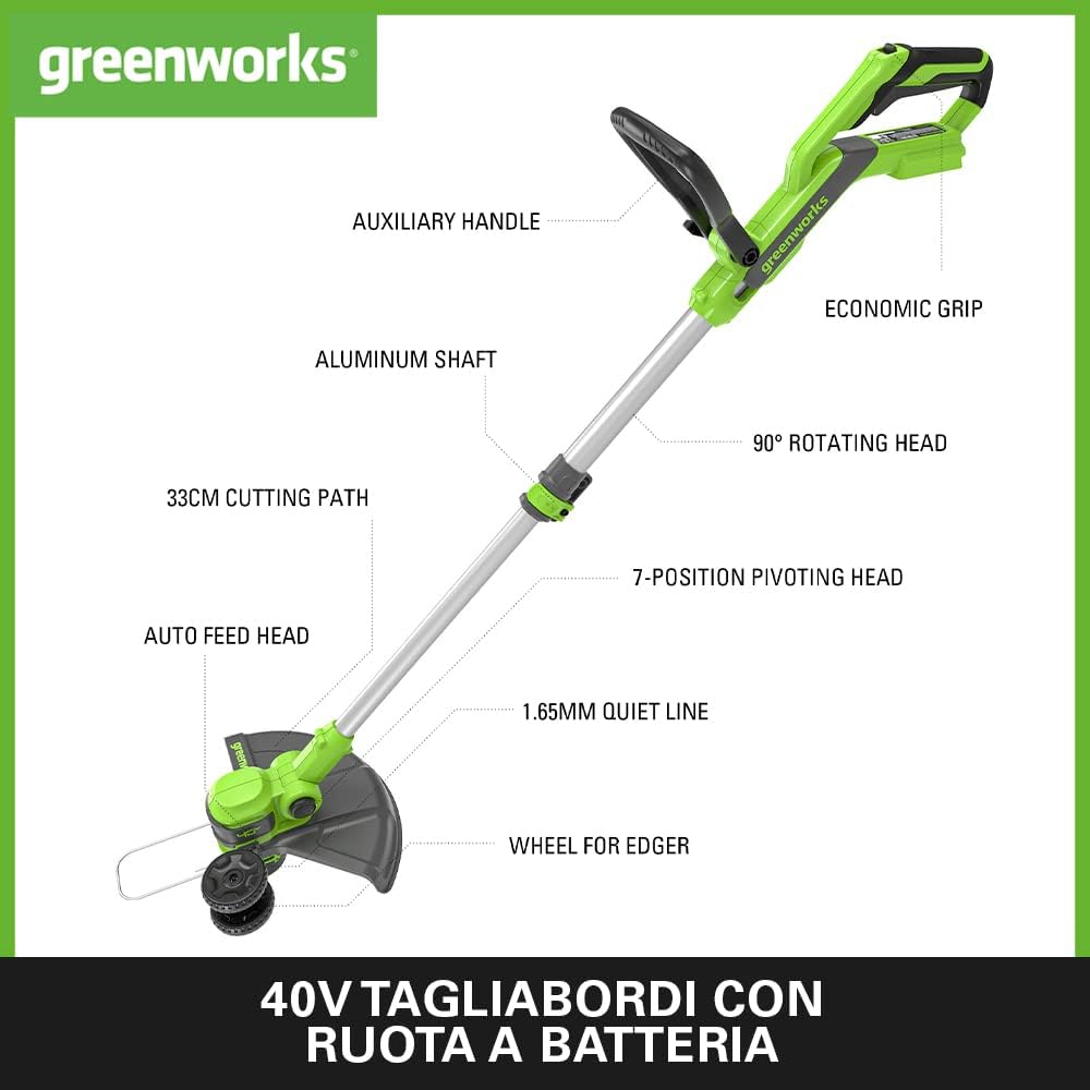 Detalle de Greenworks 40V Akku Rasentrimmer & Kantenschneider mit Rad – inkl. 40V 2Ah Akku & Ladegerät