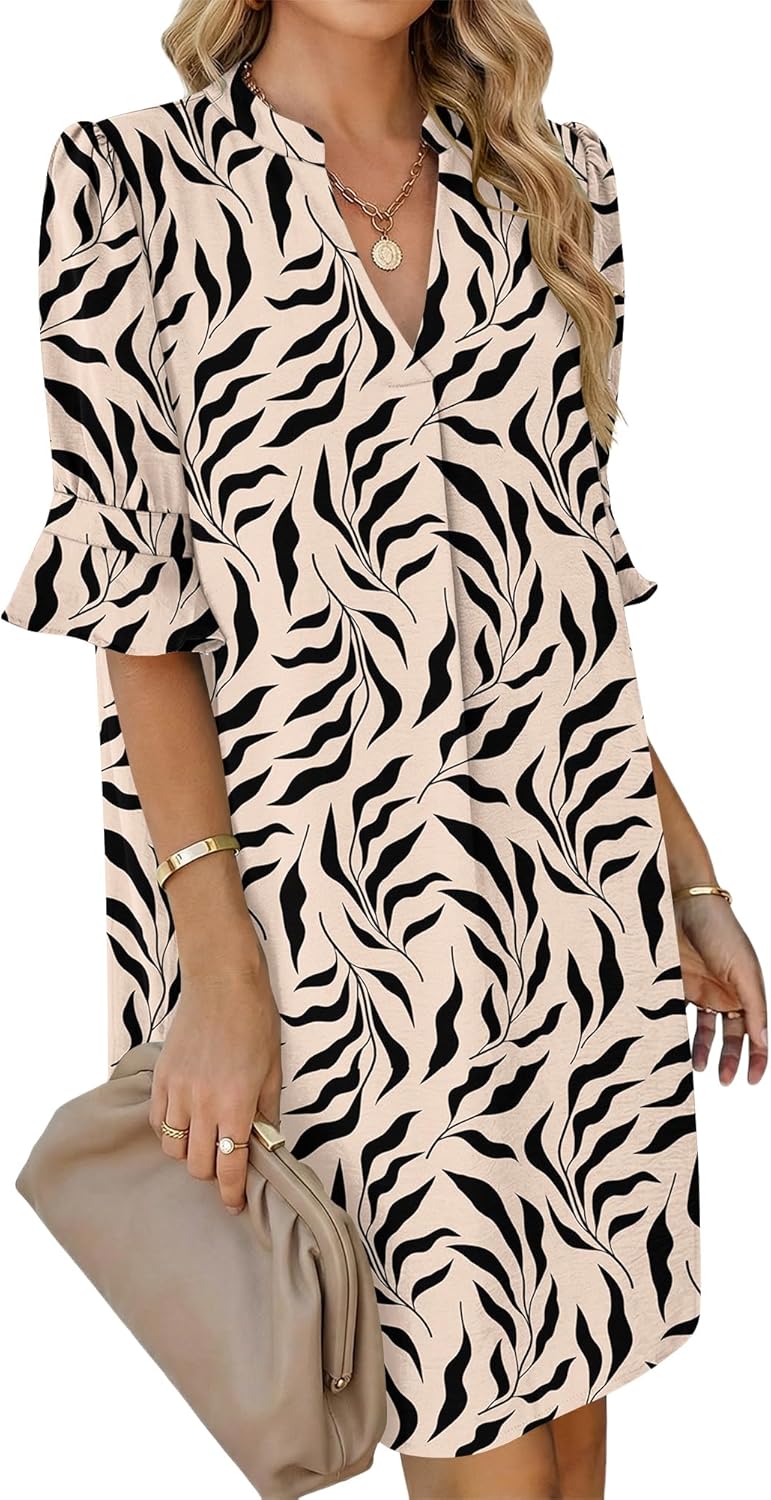 Detalle de AUSELILY Robe Femme Chic et Décontractée à Manches Courtes et Col V – Robe Chemise avec Poches