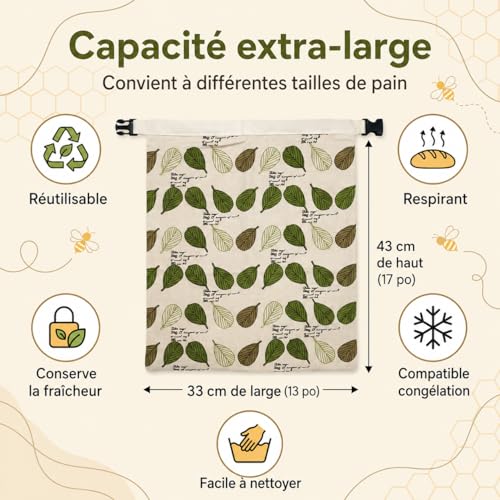 Detalle de Fruzmzk Sacs à Pain Réutilisables en Cire d'Abeille 43 × 33 cm – Lot de 2