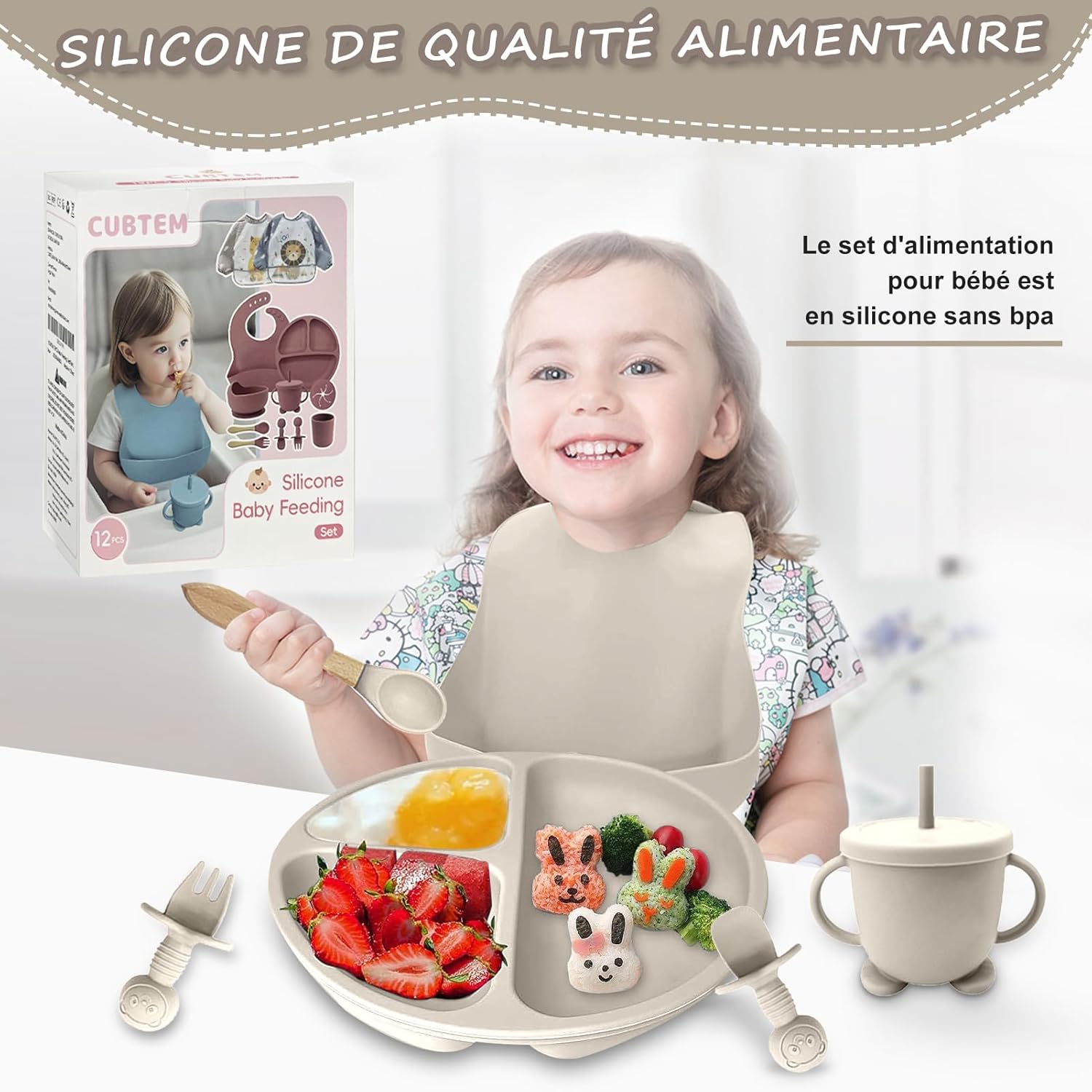 Thumbnail 1 de Baby Geschirrset 12-teiliges Kindergeschirr mit Saugnapf, Silikon Lätzchen & Babylöffel (BPA-frei)