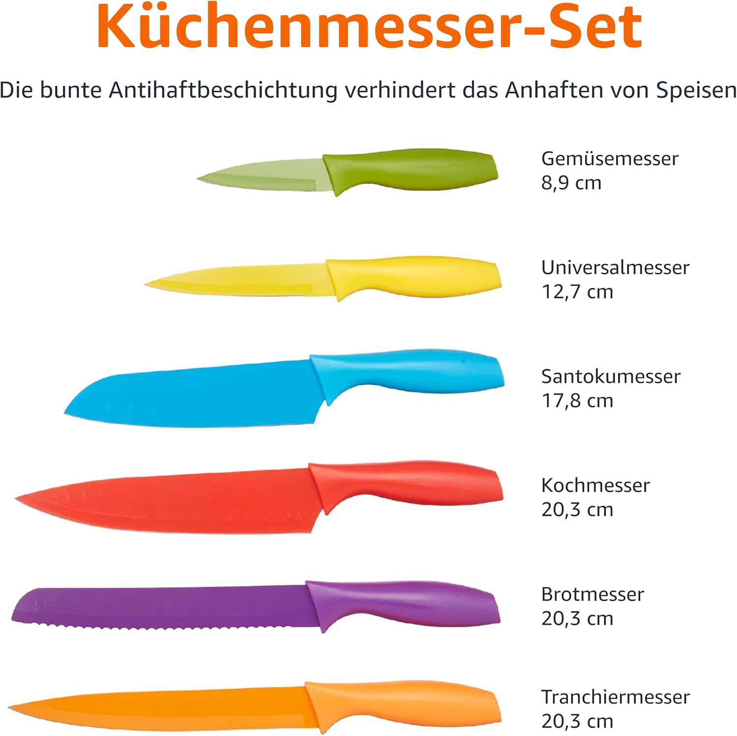 Detalle de Amazon Basics Messer-Set, bunt, 12-teilig – vielseitiges Küchen-Set mit Farbcodierung