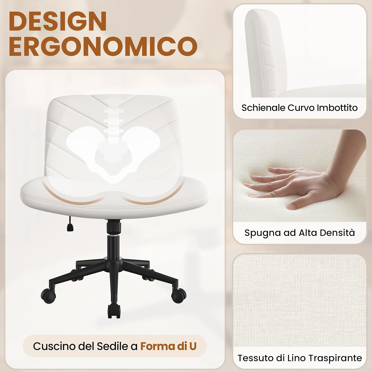 Detalle de Yaheetech sedia ufficio girevole senza braccioli in tessuto con schienale reclinabile e altezza regolabile (beige)
