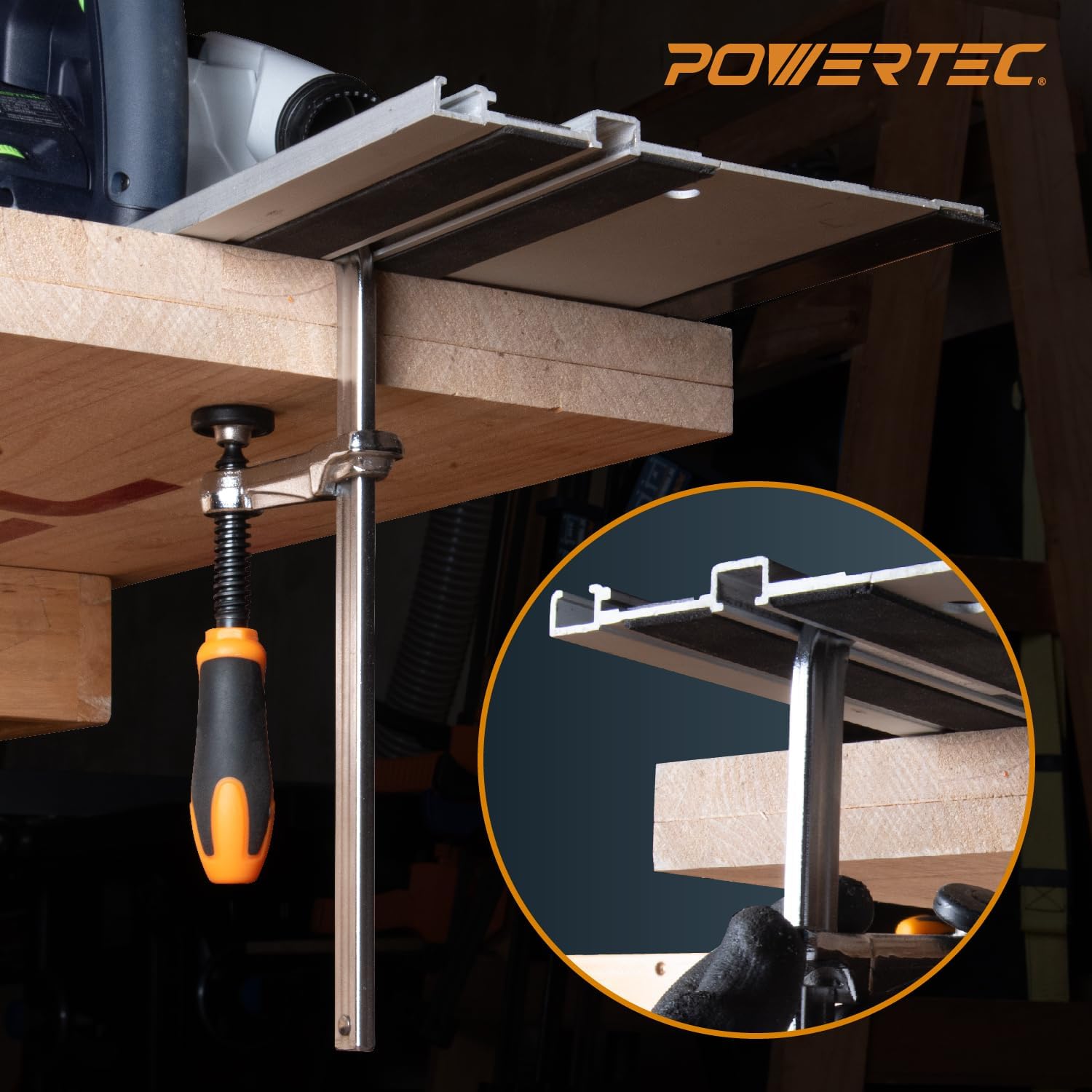 Detalle de POWERTEC 71410 – zaciski śrubowe do szyn prowadzących, 2 szt., siła 181 kg