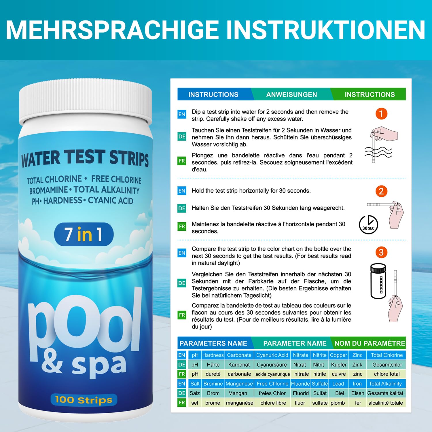 Thumbnail 4 de Pool Teststreifen 7-in-1 – Professioneller 100er-Vorrat für Pools, Whirlpools und Spas