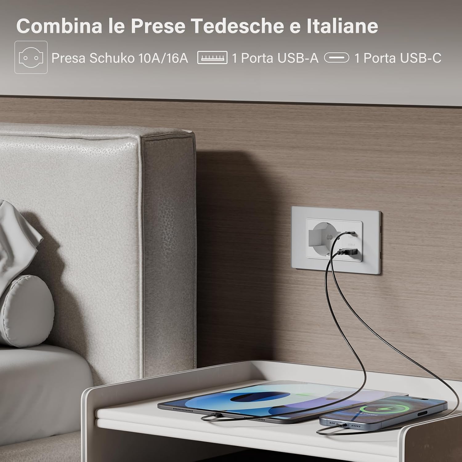 Detalle de BSEED Presa Schuko e Presa Italiana con USB-A e Type-C 118 mm: potenza e compatibilità per la casa italiana