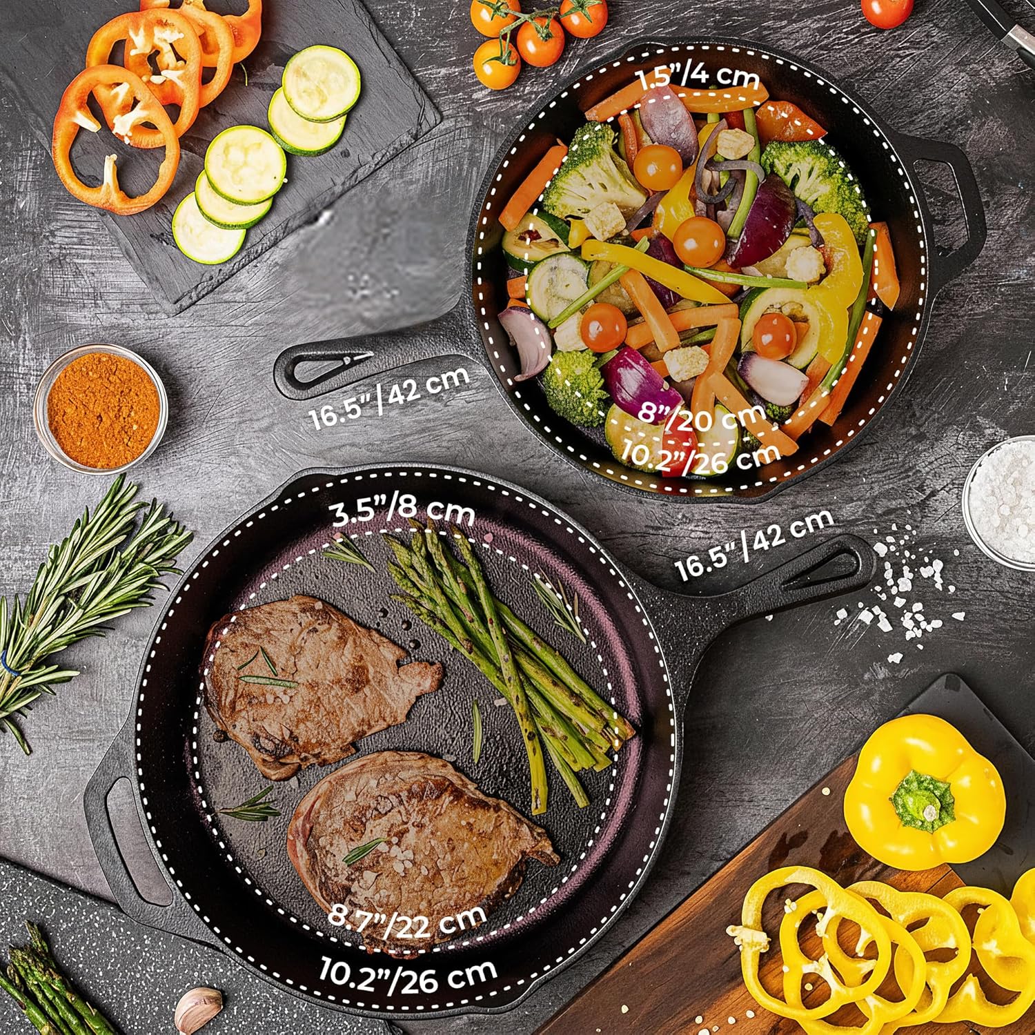 Detalle de NUOVVA 2pcs Cast Iron Skillet Set (pre-seasoned) – 10 inch 25cm & 12 inch 30cm oven-safe frying pans