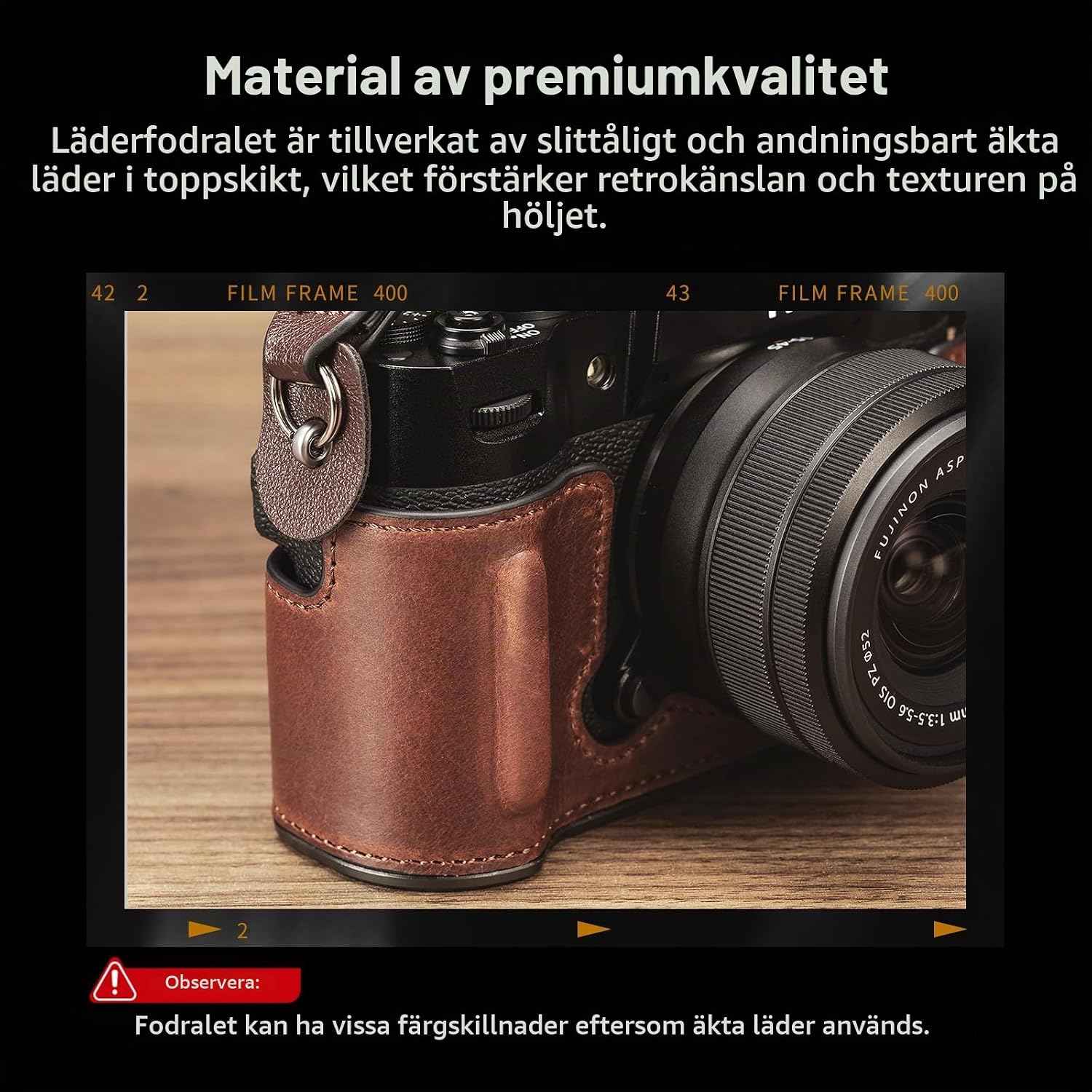 Detalle de SMALLRIG 4710 halvfodral för FUJIFILM X-T50 i brunt läder med axelrem