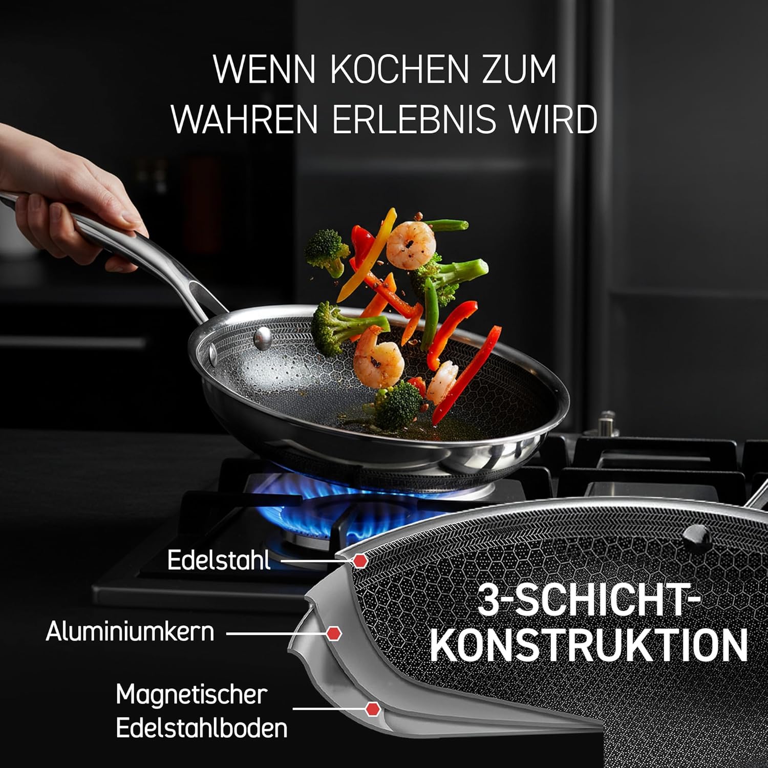 Thumbnail 3 de HexClad Hybrid-Pfanne mit Deckel Ø 30 cm – Edelstahl mit Wabenstruktur