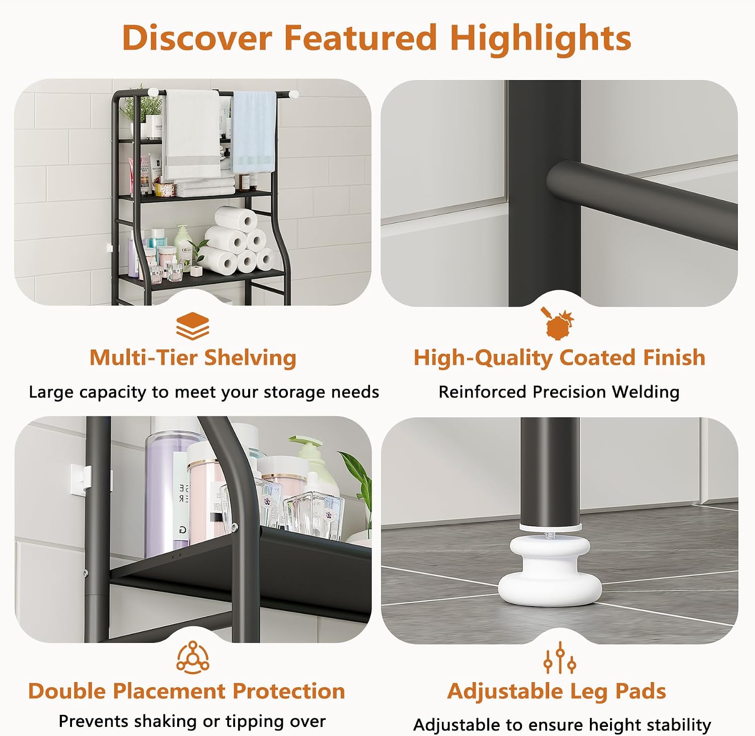 Detalle 2 de UDEAR UDS3 Over-the-Toilet Storage Rack, 3 Shelves, Black Steel