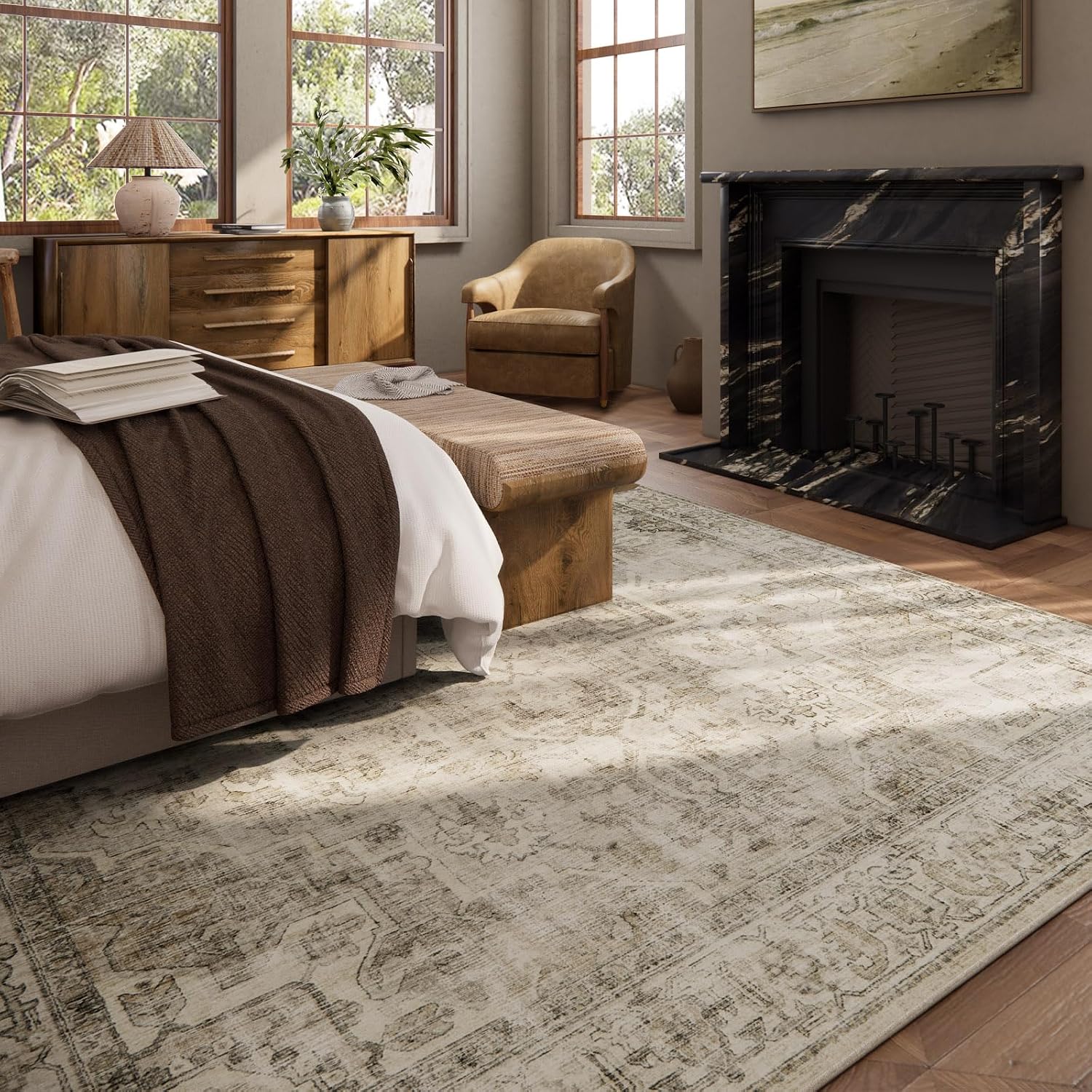 Thumbnail 3 de Washable 10x14 Boho Vintage Area Rug — Non-Slip, Stain-Resistant, Low-Pile Comfort for Busy Homes