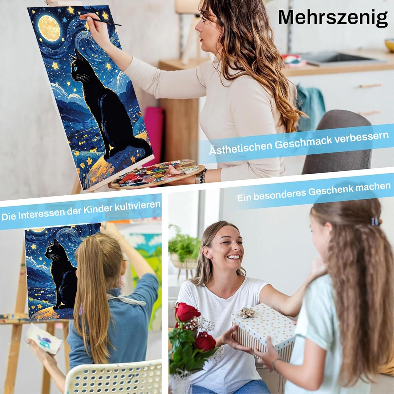 Thumbnail 6 de Luckyarina Malen Nach Zahlen Set für Kinder ab 5–10 Jahren – Schwarze Katze (30x40 cm) inkl. Leinwand, Farben und Pinsel