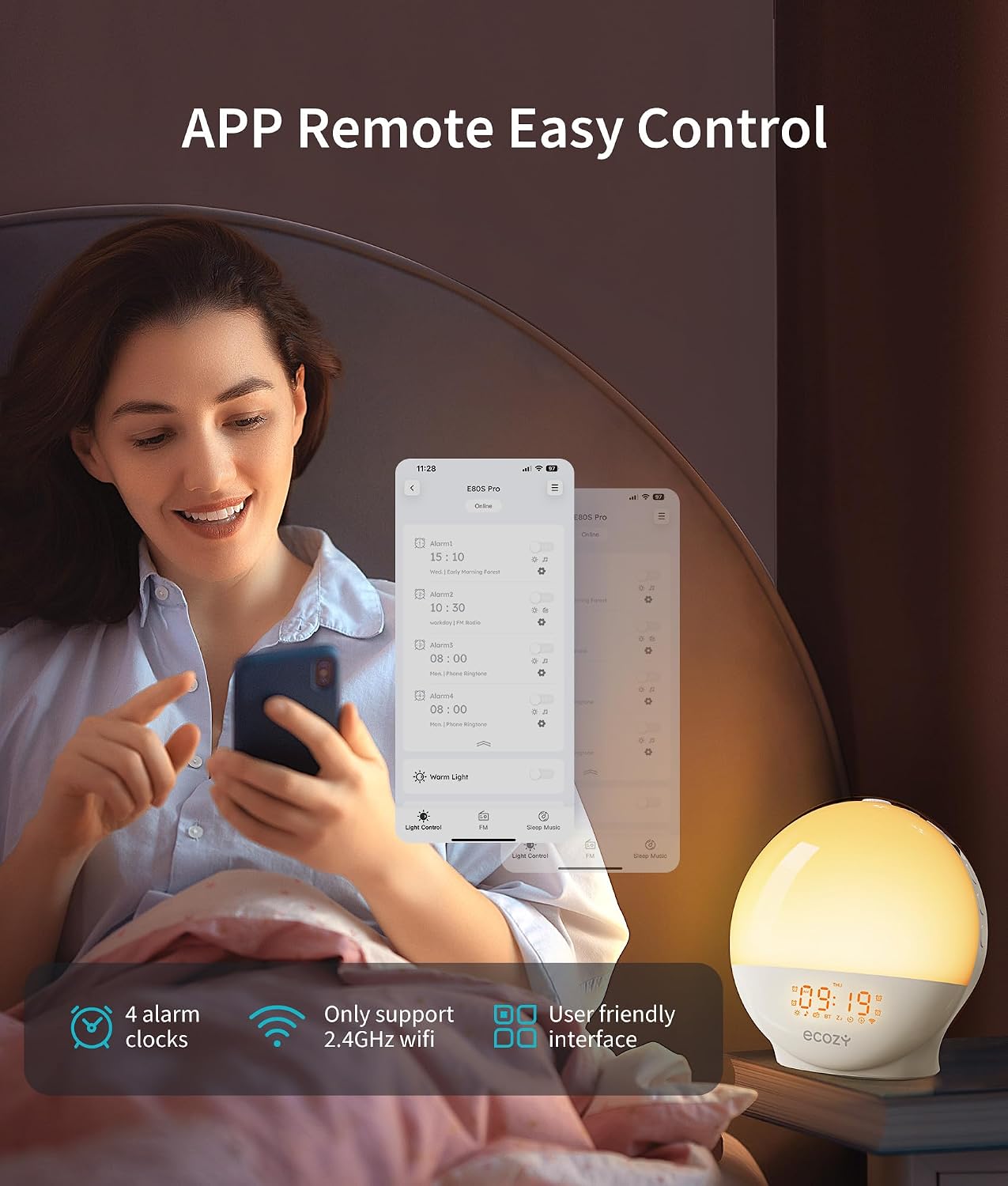 Detalle de ecozy E80S Sunrise Alarm Clock with App Control, Sunset Simulation and FM Radio