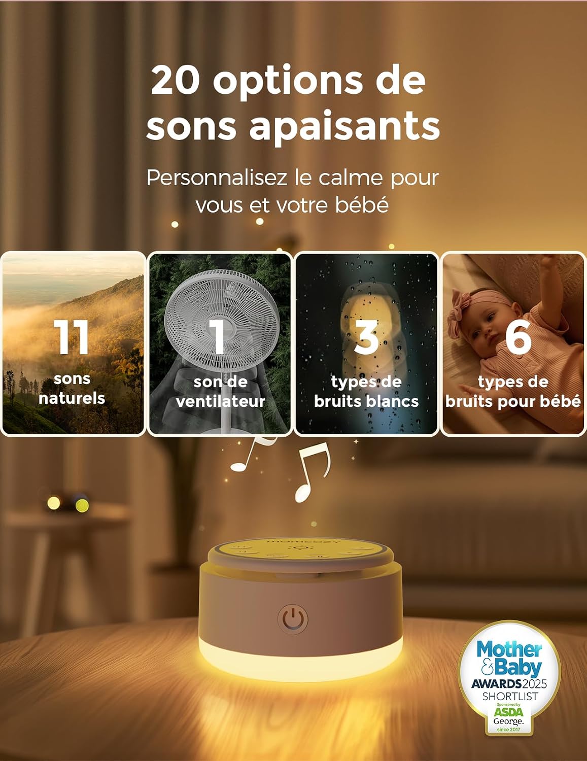 Thumbnail 1 de Momcozy Machine Bruit Blanc Bébé, 20 Sons, Lumière Tactile et Portable – Jaune