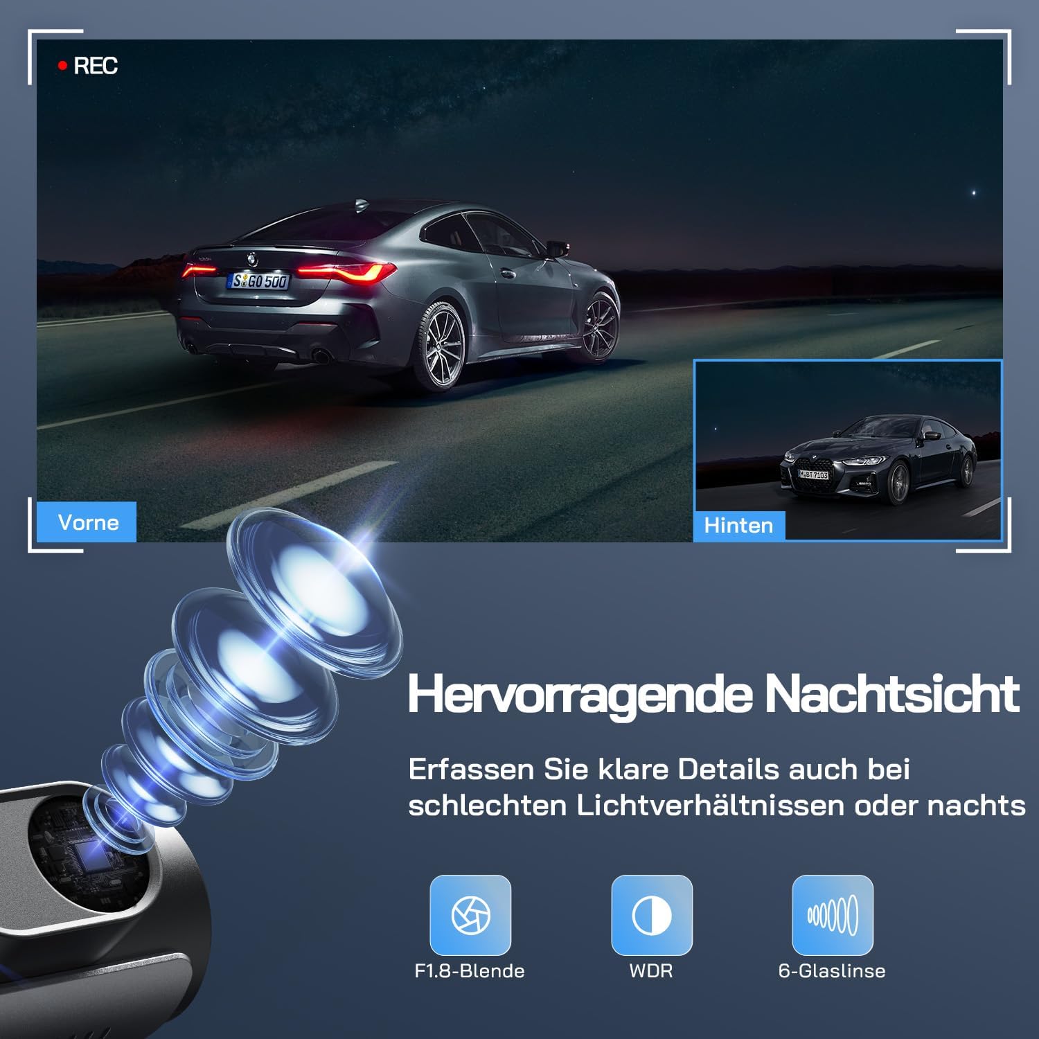 Detalle de WOLFANG WD03 Dashcam Auto Vorne und Hinten – 4K Front, 1080p Rückkamera, WLAN, 170° Weitwinkel